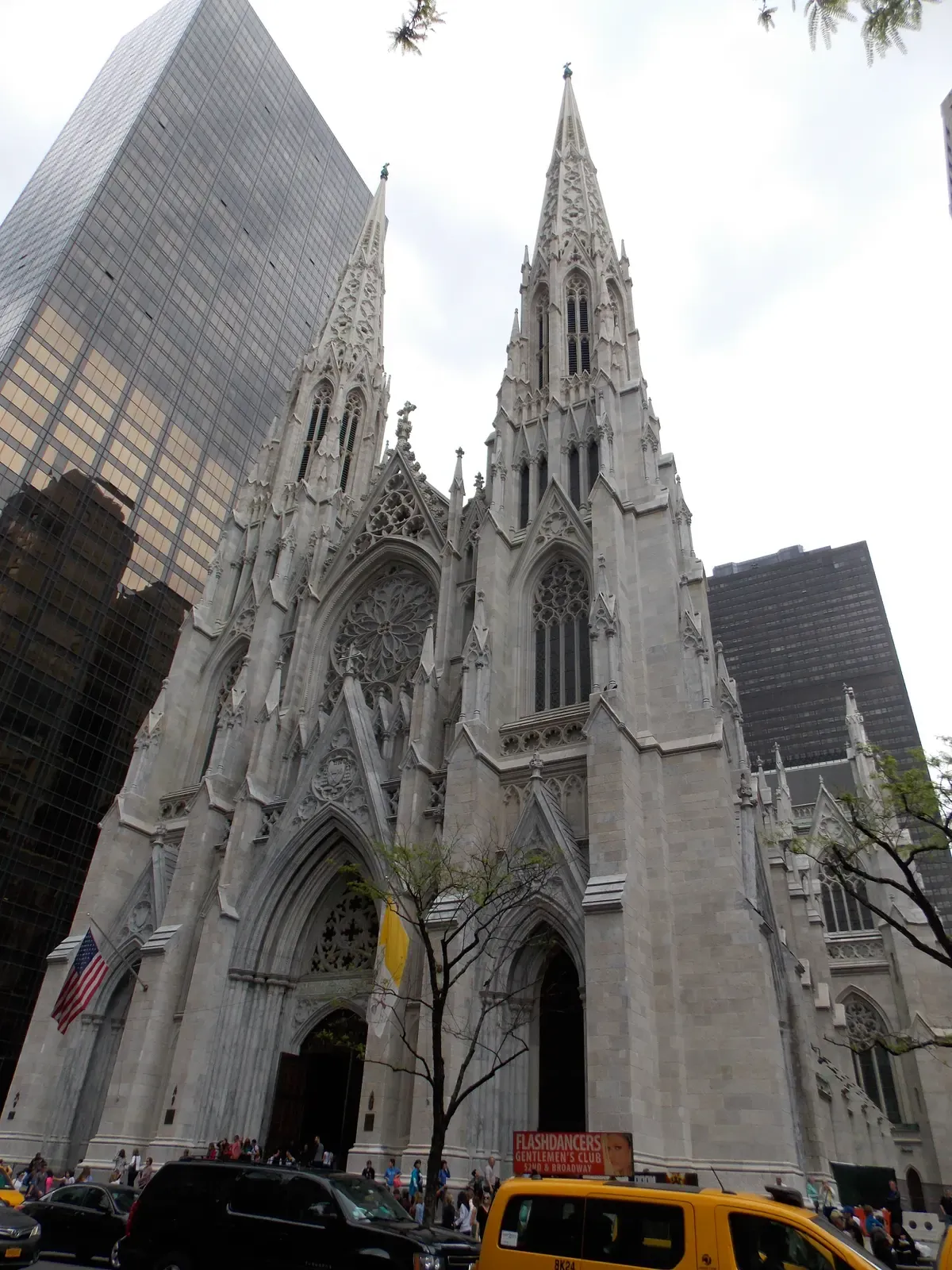 The twin spires and Gothic Revival facade of St. Patrick's Cathedral on Fifth Avenue, on a New York architecture tour